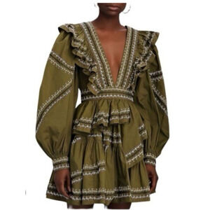 Ulla Johnson Dress 4 Handmade Anais Ruffle Vneck Mini Green Embroidered